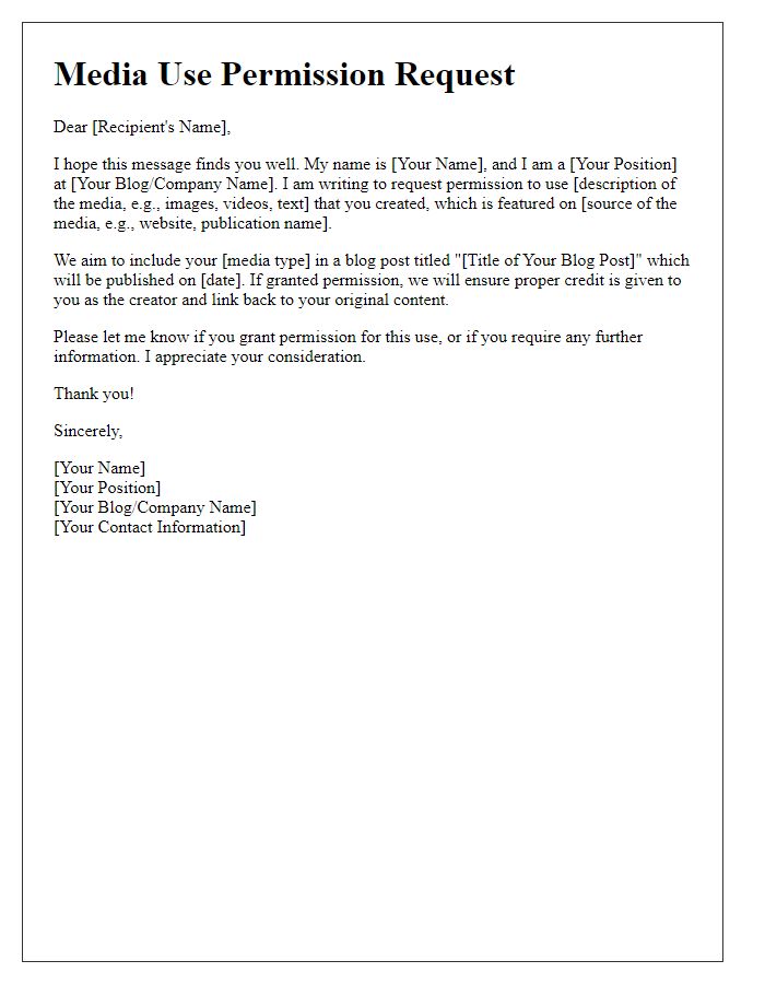 Letter template of media use permissions for blog content