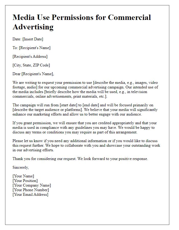 Letter template of media use permissions for commercial advertising