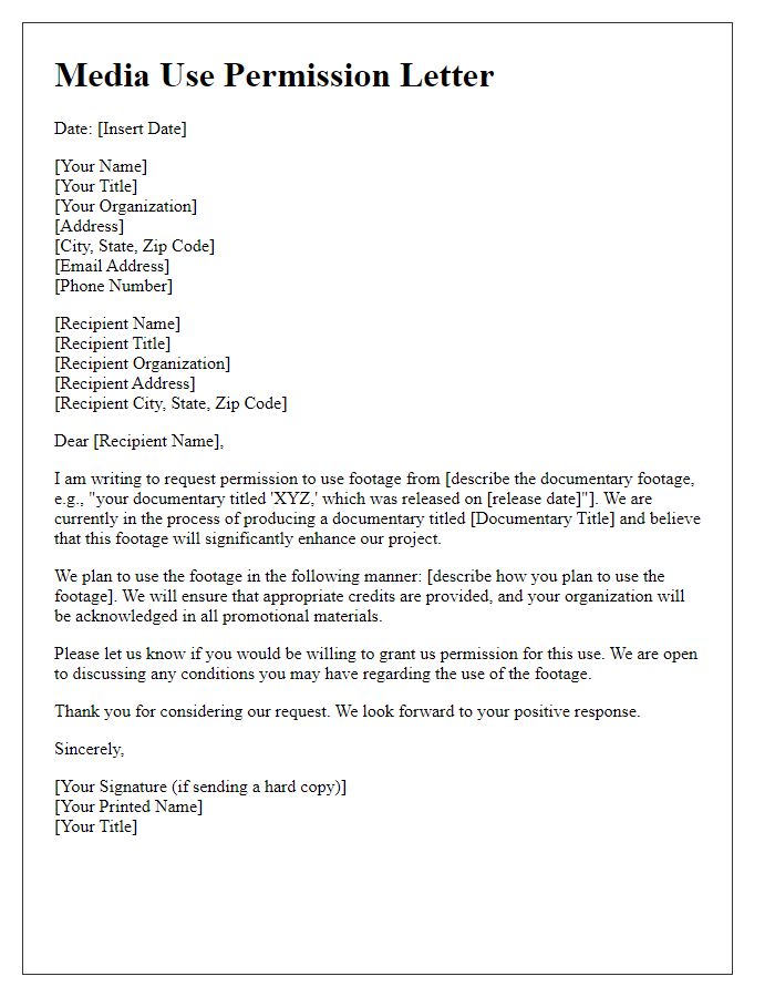 Letter template of media use permissions for documentary footage