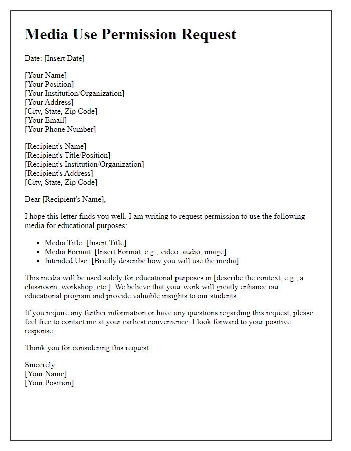 Letter template of media use permissions for educational purposes