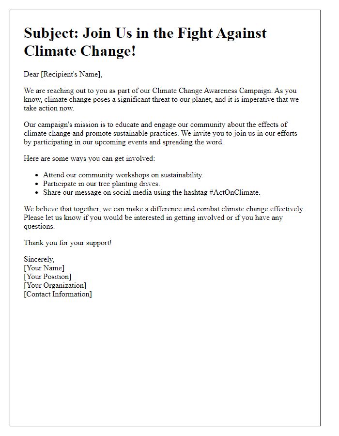 Letter template of Climate Change Awareness Campaign