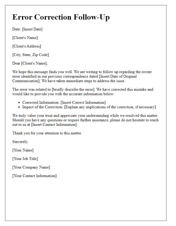 Letter template of Error Correction Follow-Up for Client Communication