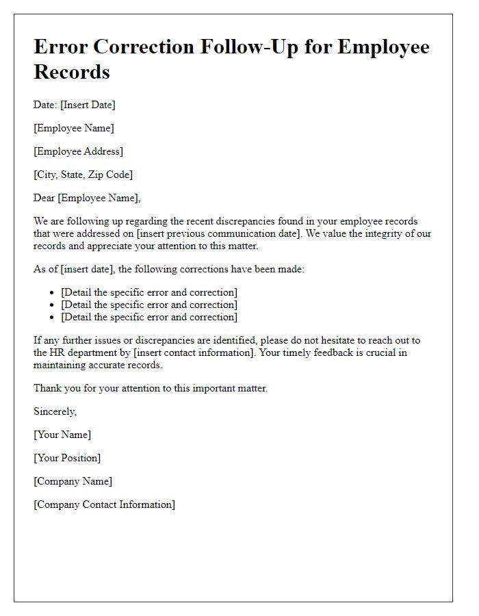 Letter template of Error Correction Follow-Up for Employee Records