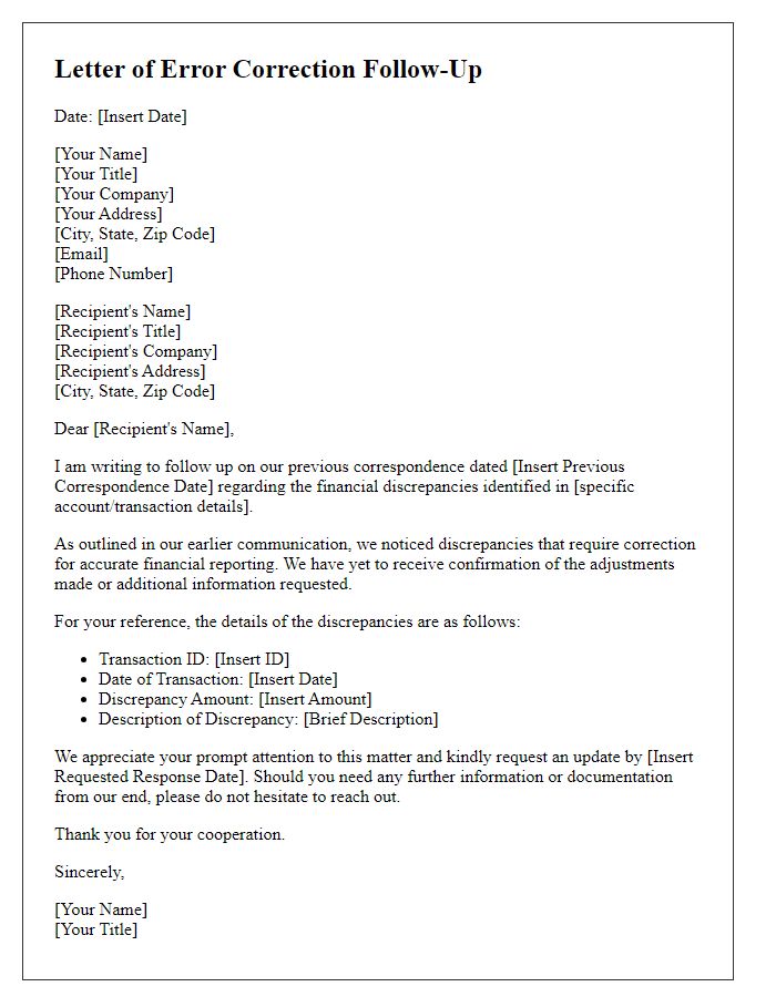 Letter template of Error Correction Follow-Up for Financial Discrepancies