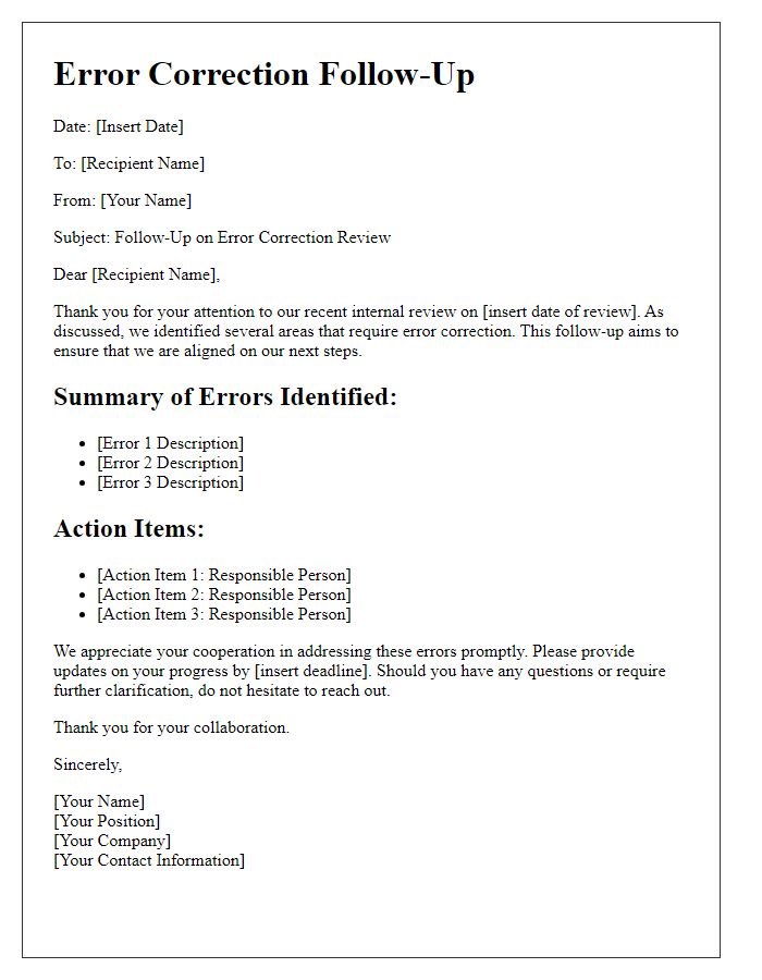 Letter template of Error Correction Follow-Up for Internal Review