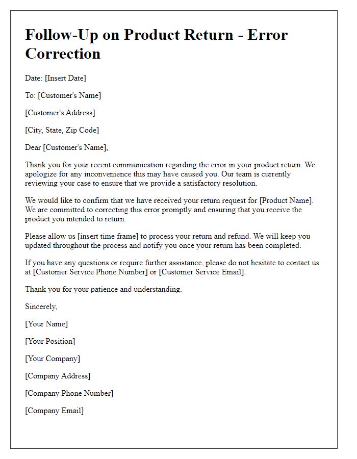 Letter template of Error Correction Follow-Up for Product Returns