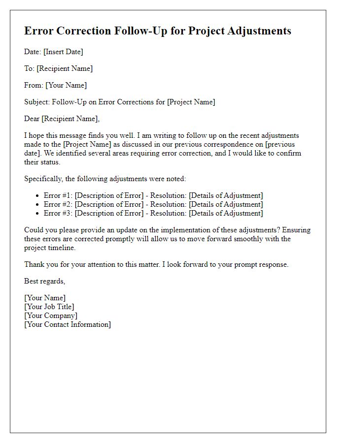 Letter template of Error Correction Follow-Up for Project Adjustments