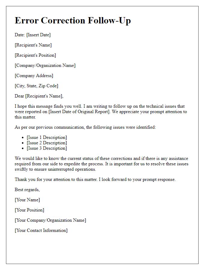 Letter template of Error Correction Follow-Up for Technical Issues
