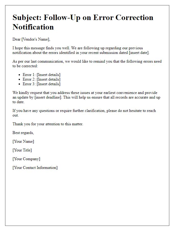 Letter template of Error Correction Follow-Up for Vendor Notifications