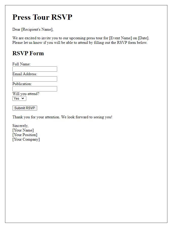 Letter template of press tour RSVP form
