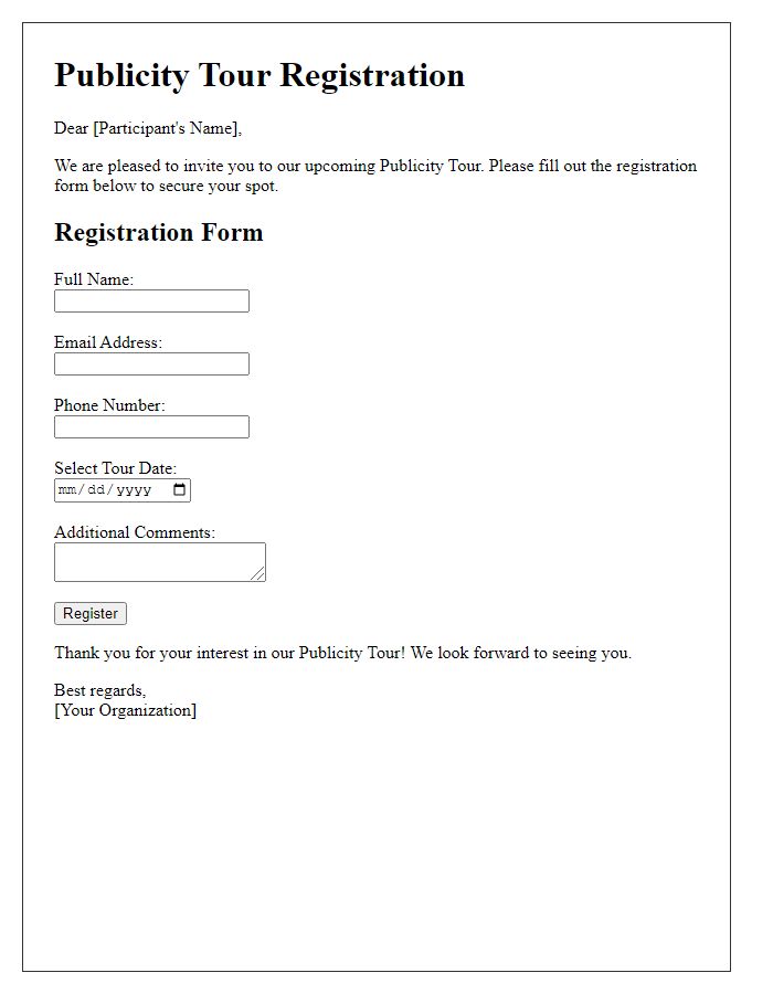 Letter template of publicity tour registration form