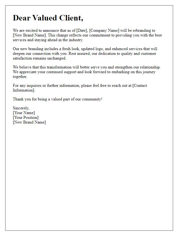 Letter template of media rebranding announcement for clients