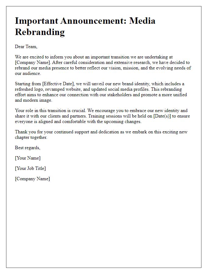 Letter template of media rebranding announcement for internal stakeholders