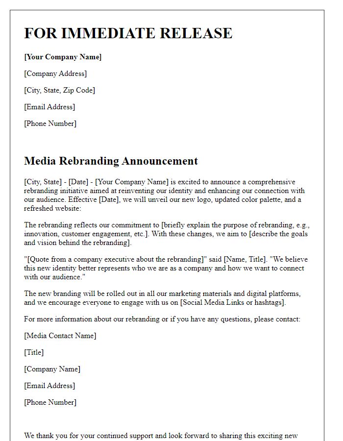 Letter template of media rebranding announcement for the press