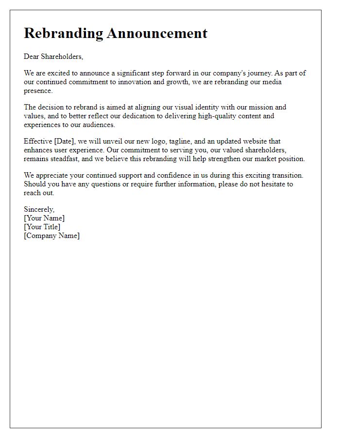 Letter template of media rebranding announcement for shareholders