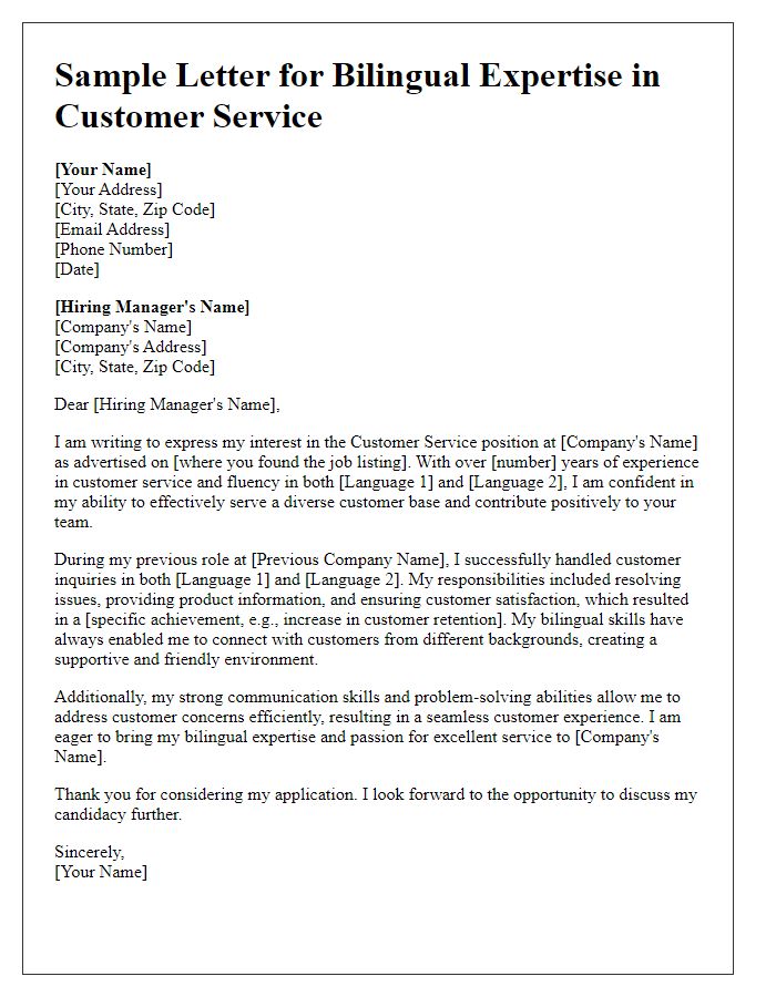 Letter template of bilingual expertise for customer service positions