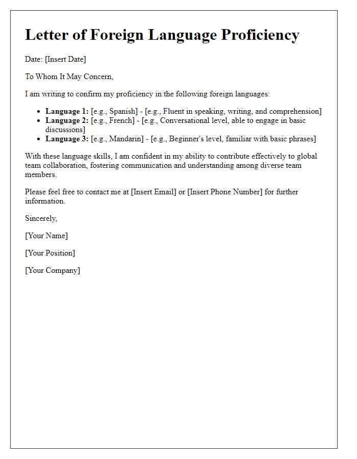 Letter template of foreign language skills for global team collaboration