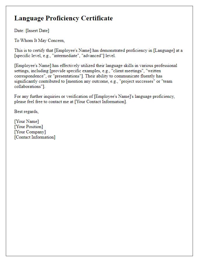 Letter template of language proficiency in professional correspondence