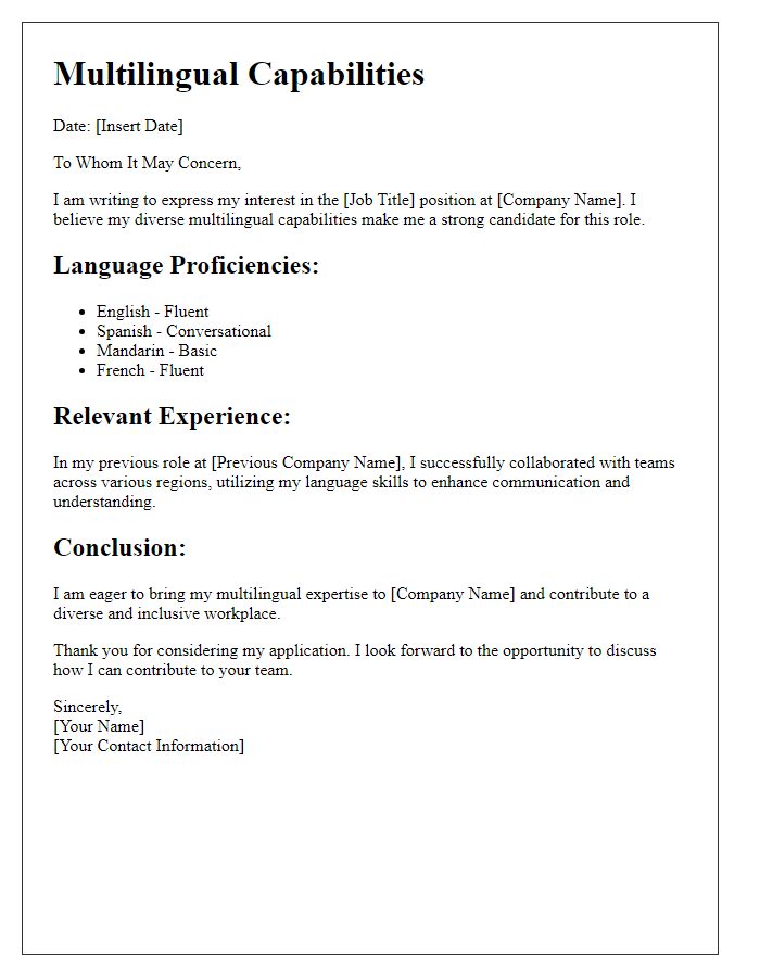 Letter template of multilingual capabilities for diverse job roles