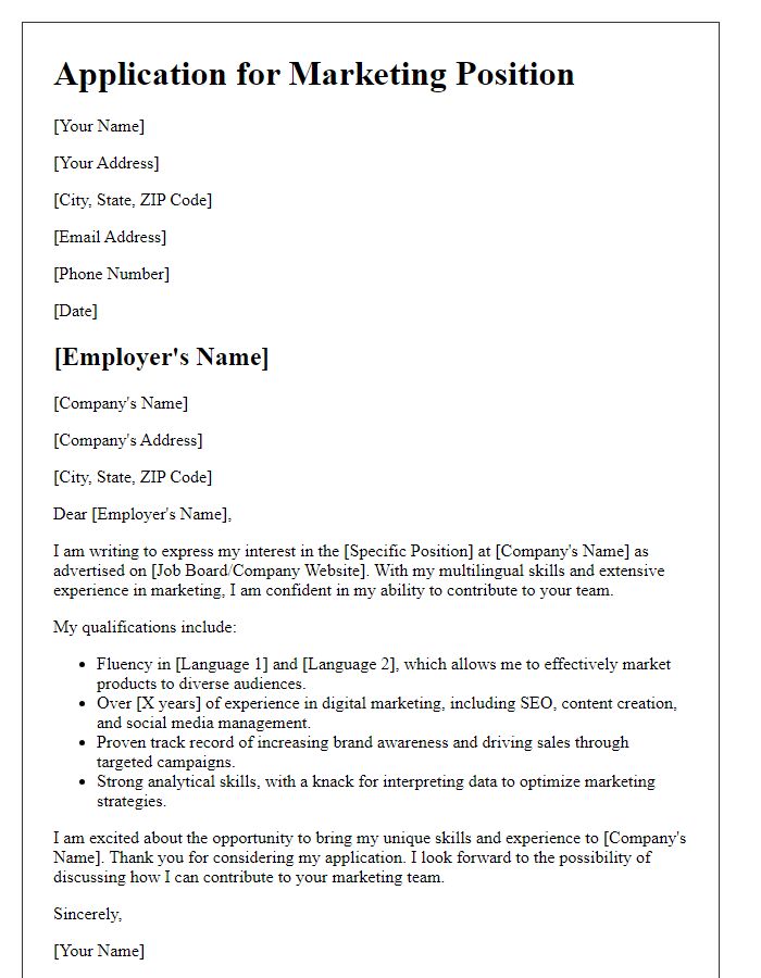 Letter template of multilingual qualifications for marketing positions