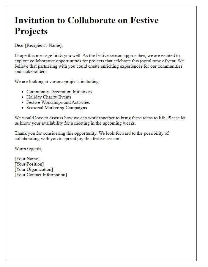 Letter template of collaborative opportunities for festive projects