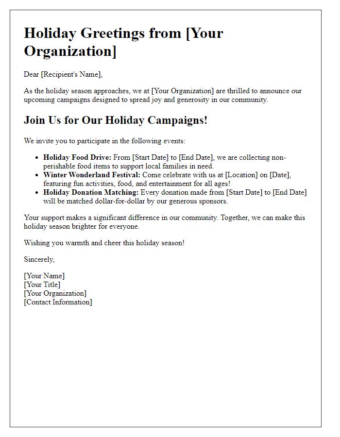 Letter template of holiday-themed announcements for campaigns