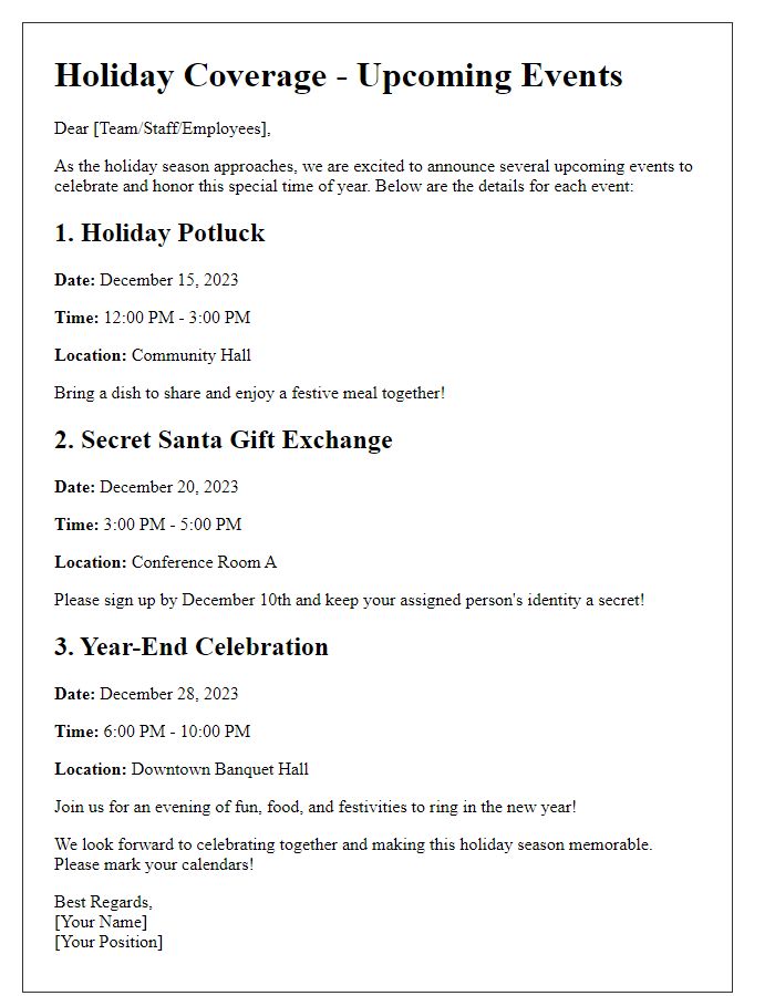 Letter template of upcoming events for holiday coverage