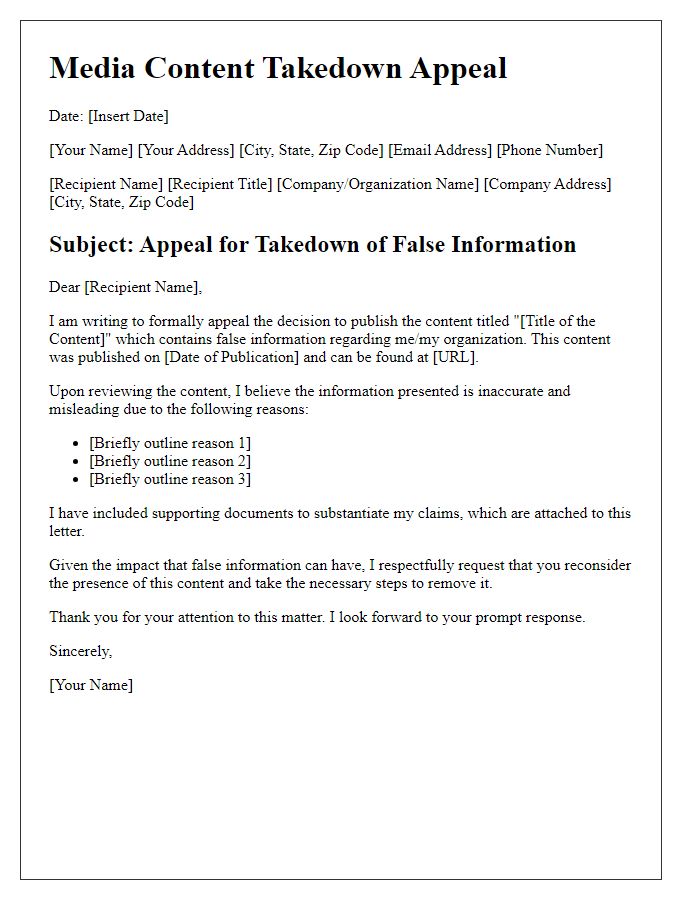 Letter template of media content takedown appeal for false information.