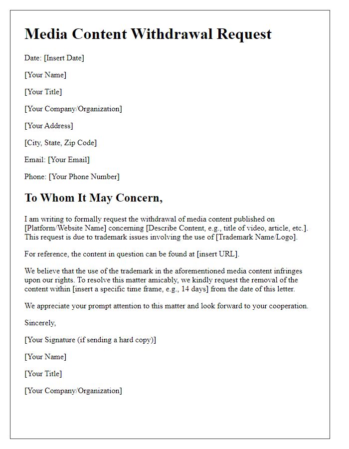 Letter template of media content withdrawal submission for trademark issues.