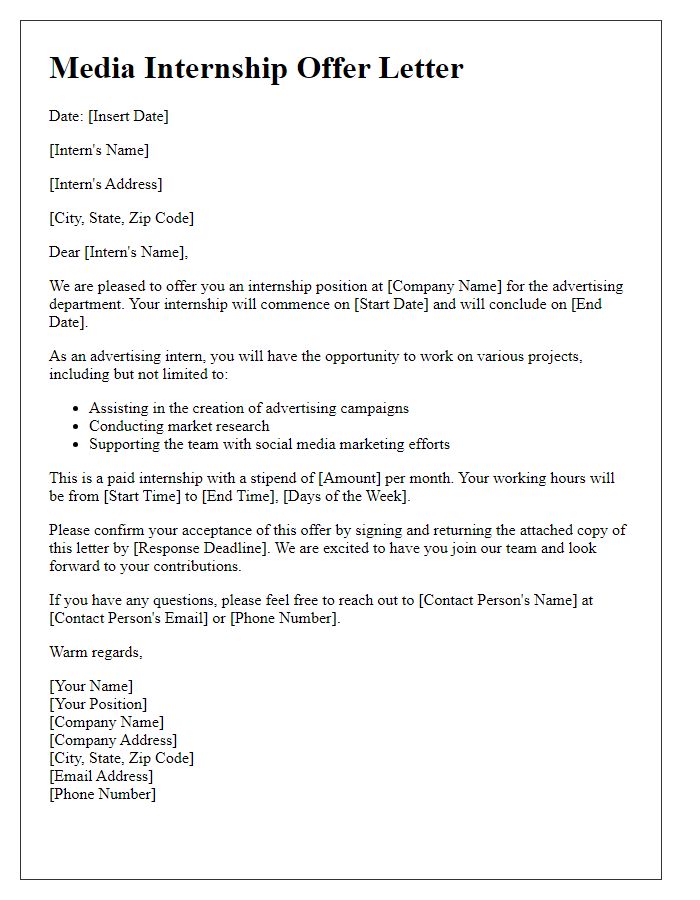 Letter template of media internship offer for advertising interns