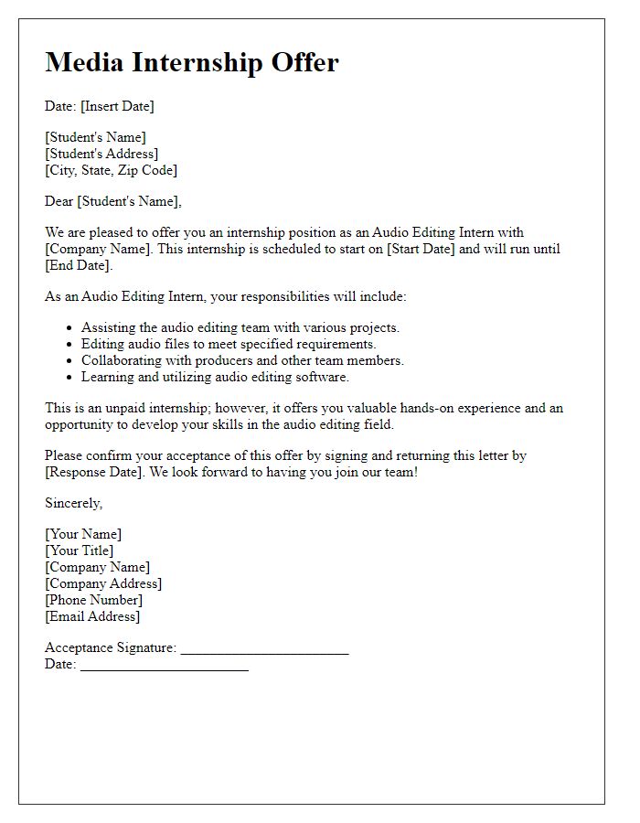 Letter template of media internship offer for audio editing students