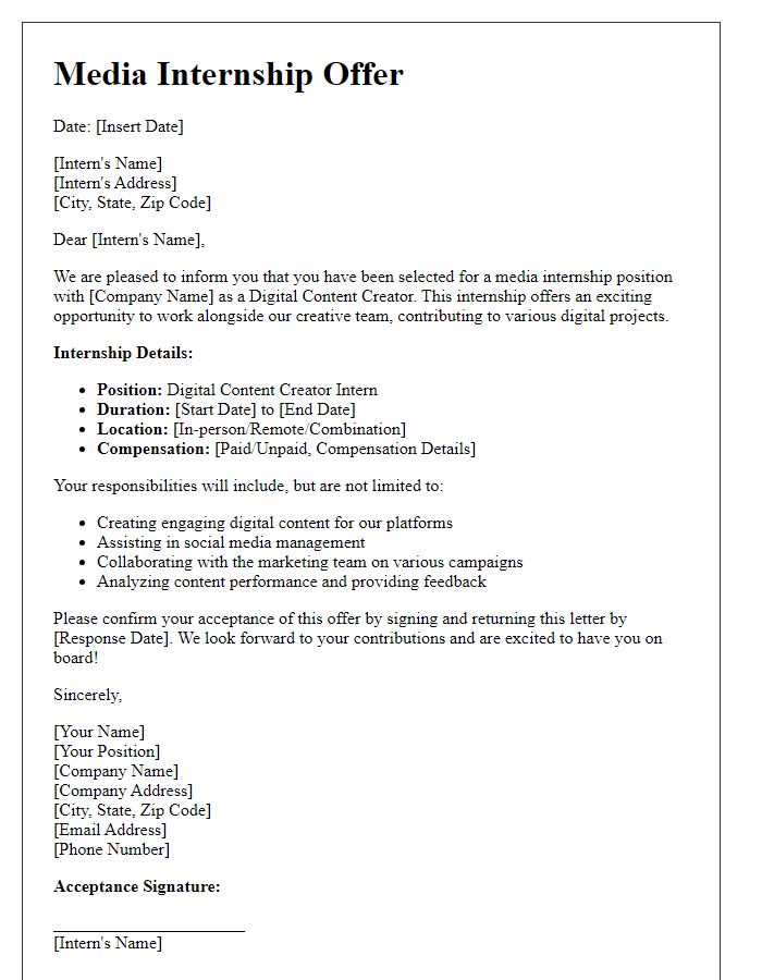 Letter template of media internship offer for digital content creators