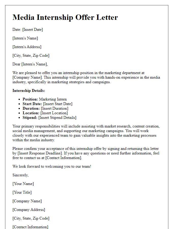 Letter template of media internship offer for marketing interns in media firms