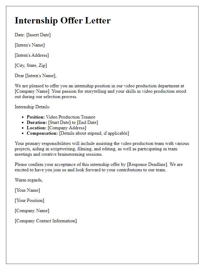 Letter template of media internship offer for video production trainees