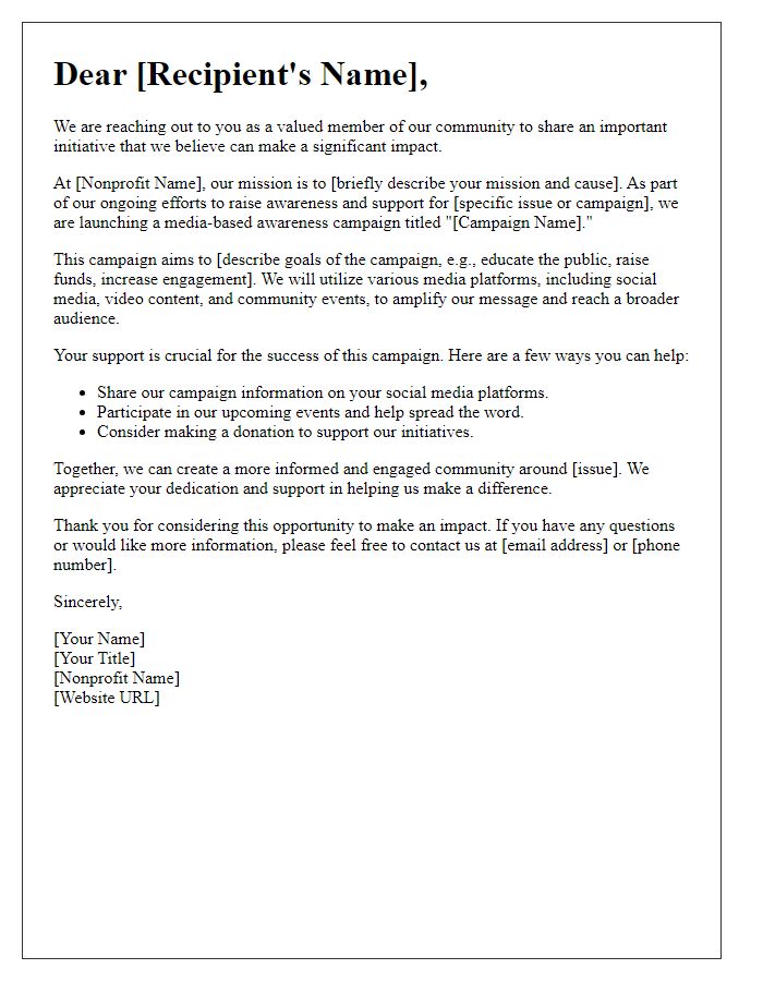 Letter template of media-based nonprofit awareness campaign