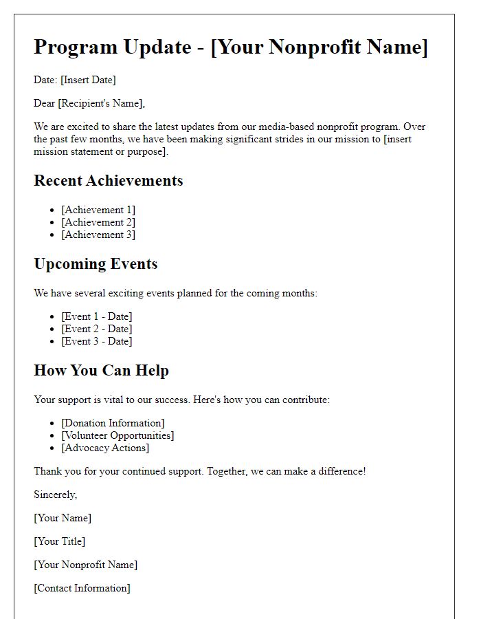 Letter template of media-based nonprofit program update
