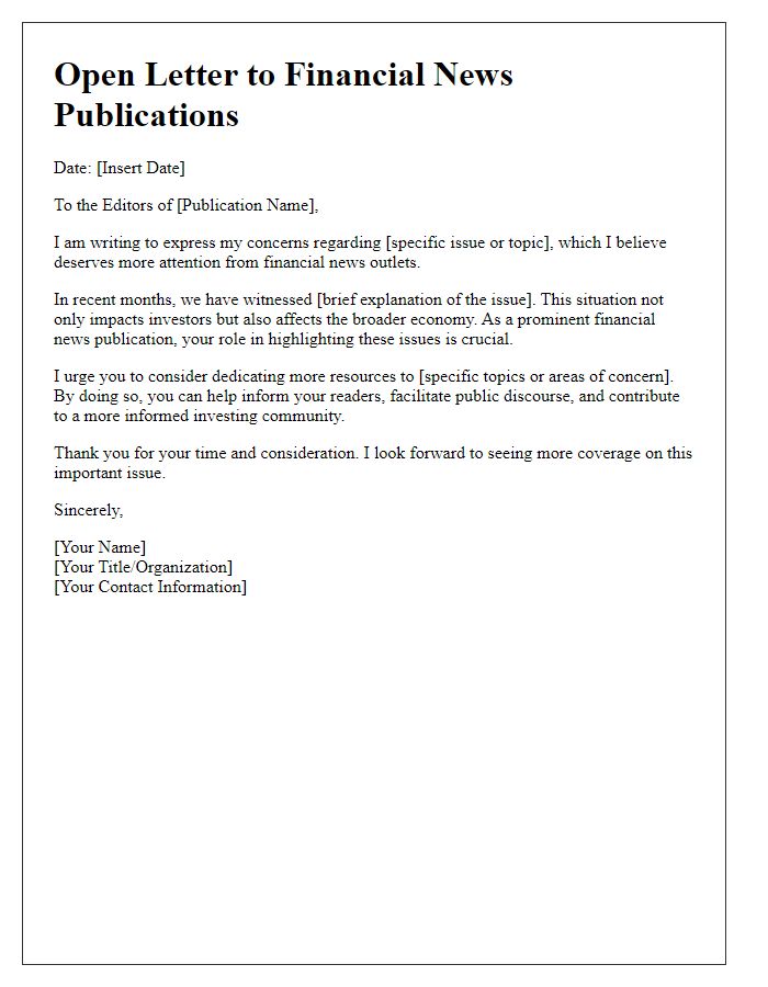 Letter template of an open letter to financial news publications.