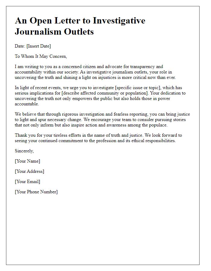 Letter template of an open letter to investigative journalism outlets.