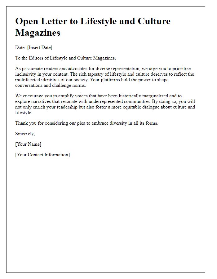 Letter template of an open letter to lifestyle and culture magazines.