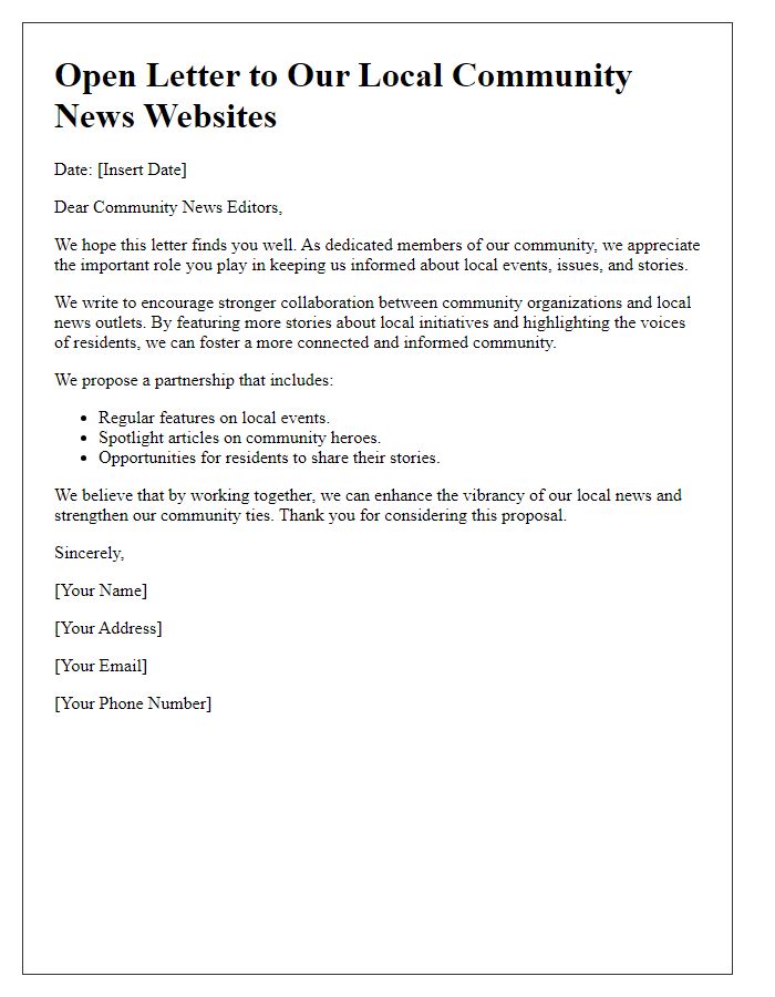 Letter template of an open letter to local community news websites.