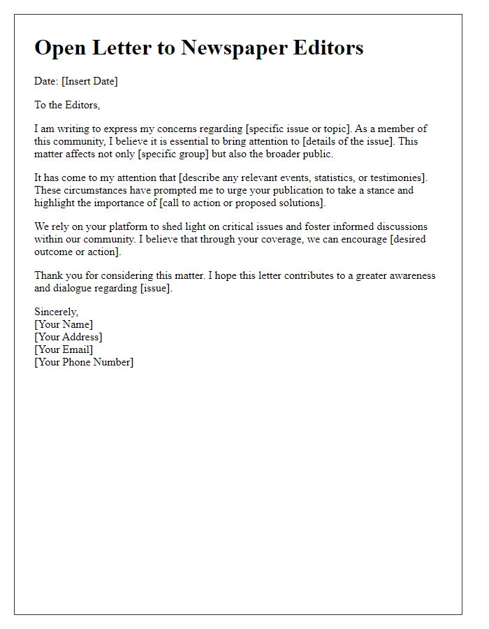 Letter template of an open letter to newspaper editors.