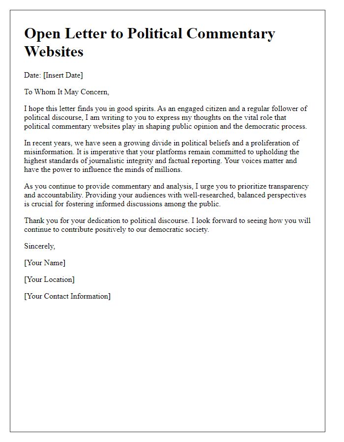 Letter template of an open letter to political commentary websites.