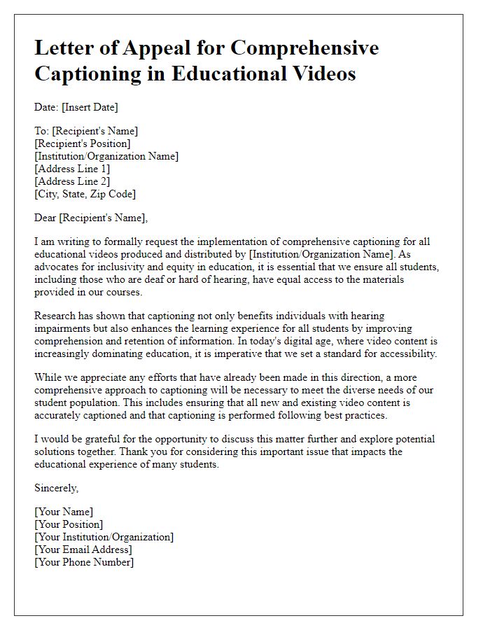 Letter template of appeal for comprehensive captioning in educational videos