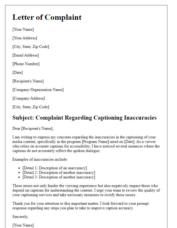 Letter template of complaint regarding captioning inaccuracies in media content