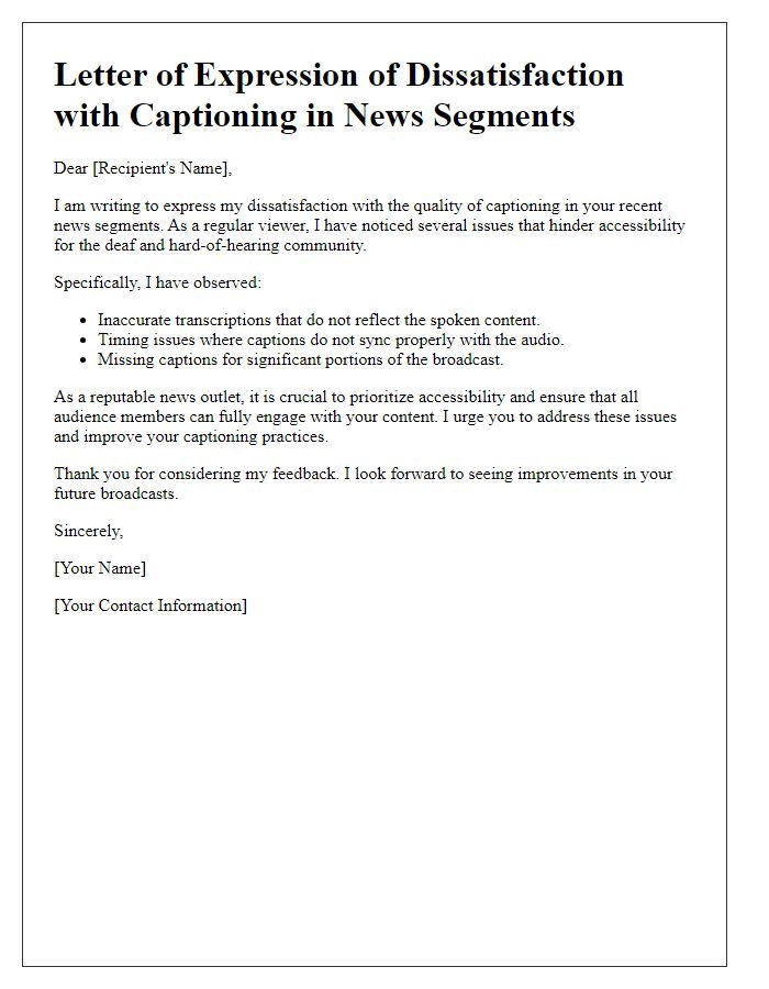 Letter template of expression of dissatisfaction with captioning in news segments