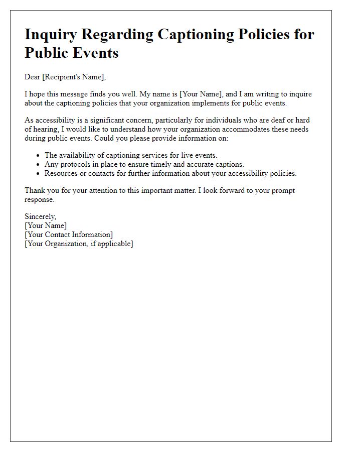 Letter template of inquiry about captioning policies for public events