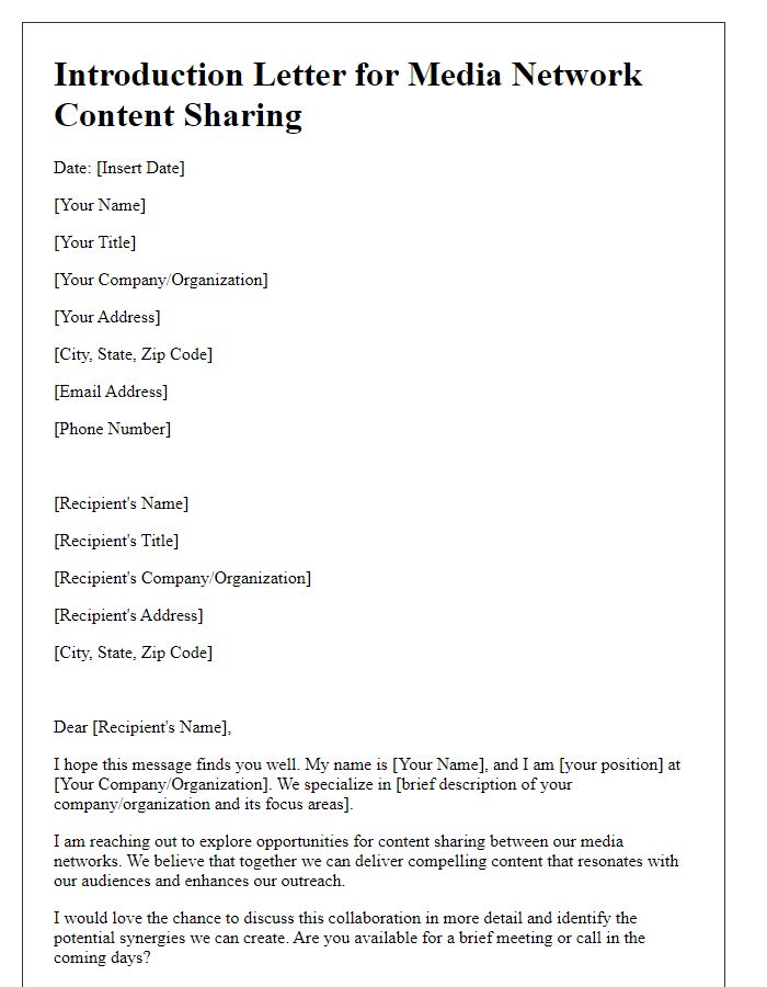 Letter template of introduction for media network content sharing.