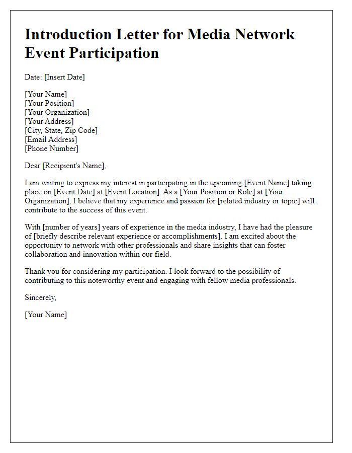 Letter template of introduction for media network event participation.