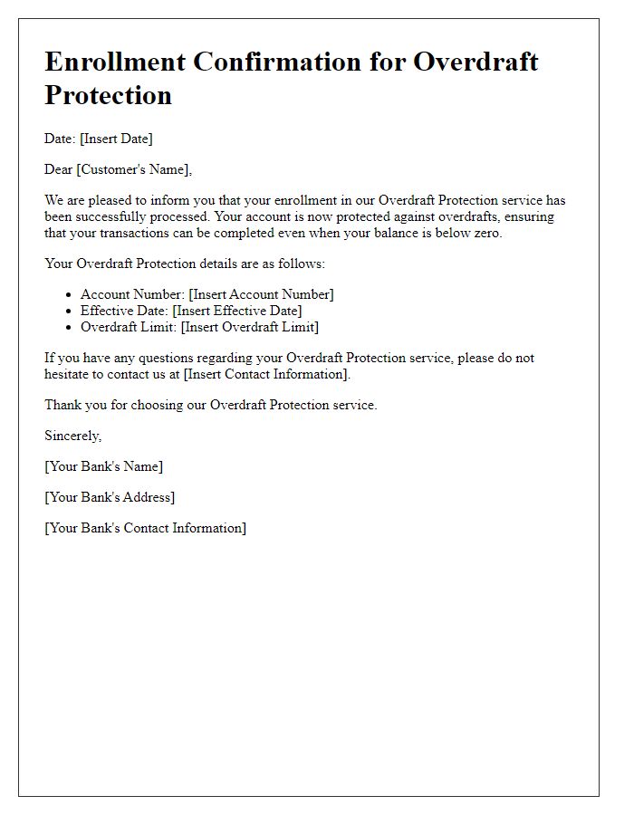 Letter template of confirmation for enrollment in overdraft protection