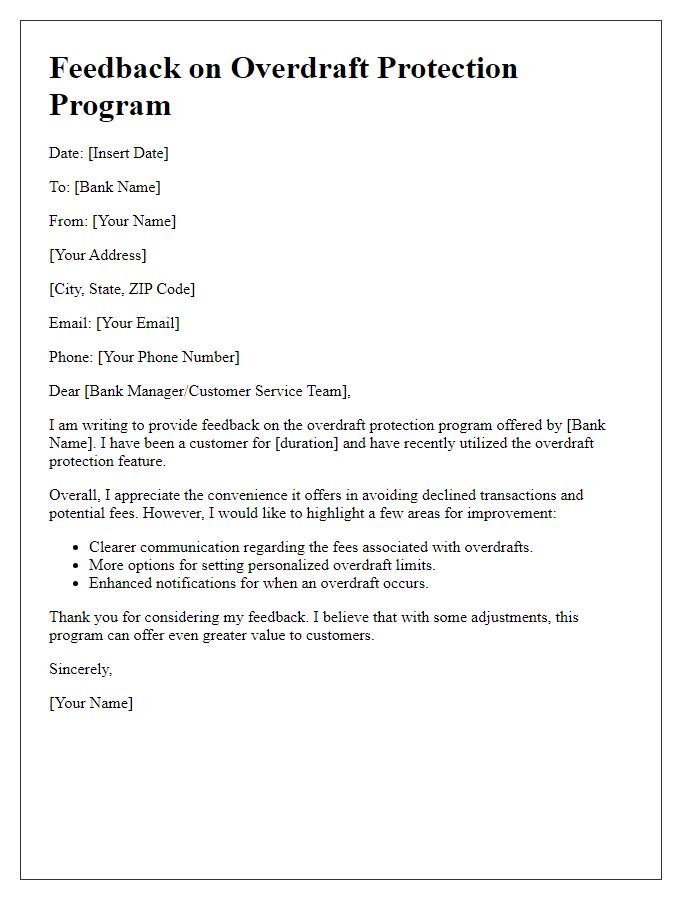 Letter template of feedback on overdraft protection program